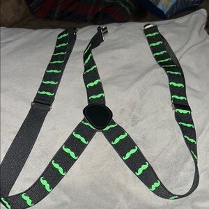 Black Suspenders with Green Mustache Pattern